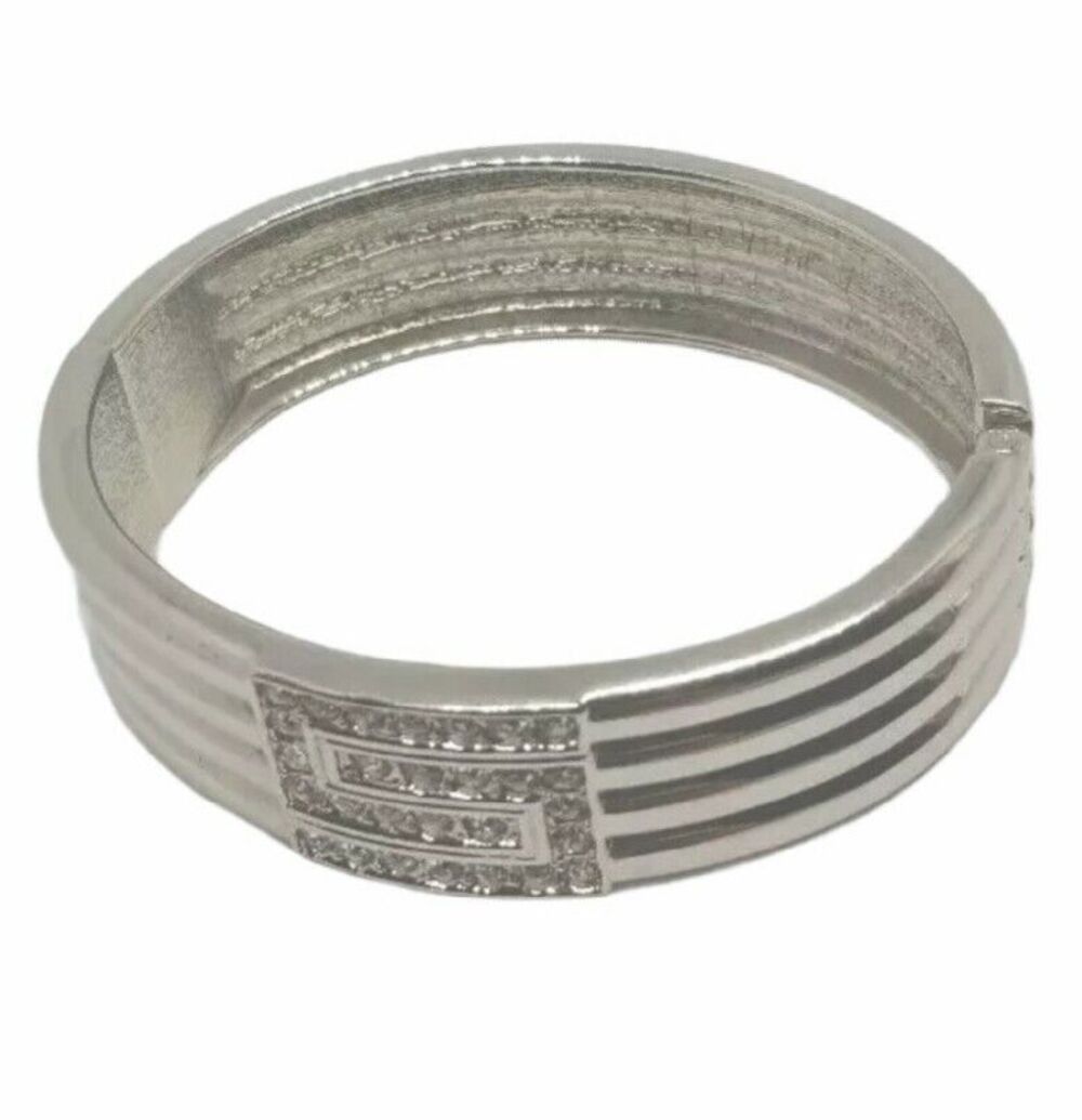 Silver Tone Rhinestone Inlay Bracelet Ribbed Metal Clamper Hinged Bangle Elegant